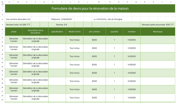Formulaire de devis pour la rénovation de la maison